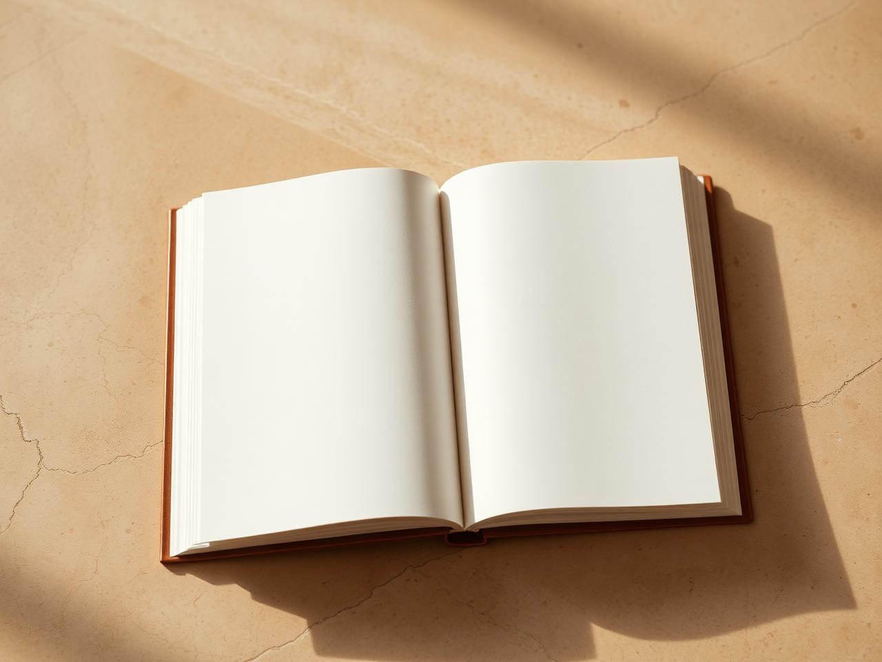 Livro encadernado aberto em páginas em branco sobre superfície de travertino bege, com luz lateral suave — imagem que evoca clareza e leitura cuidadosa.